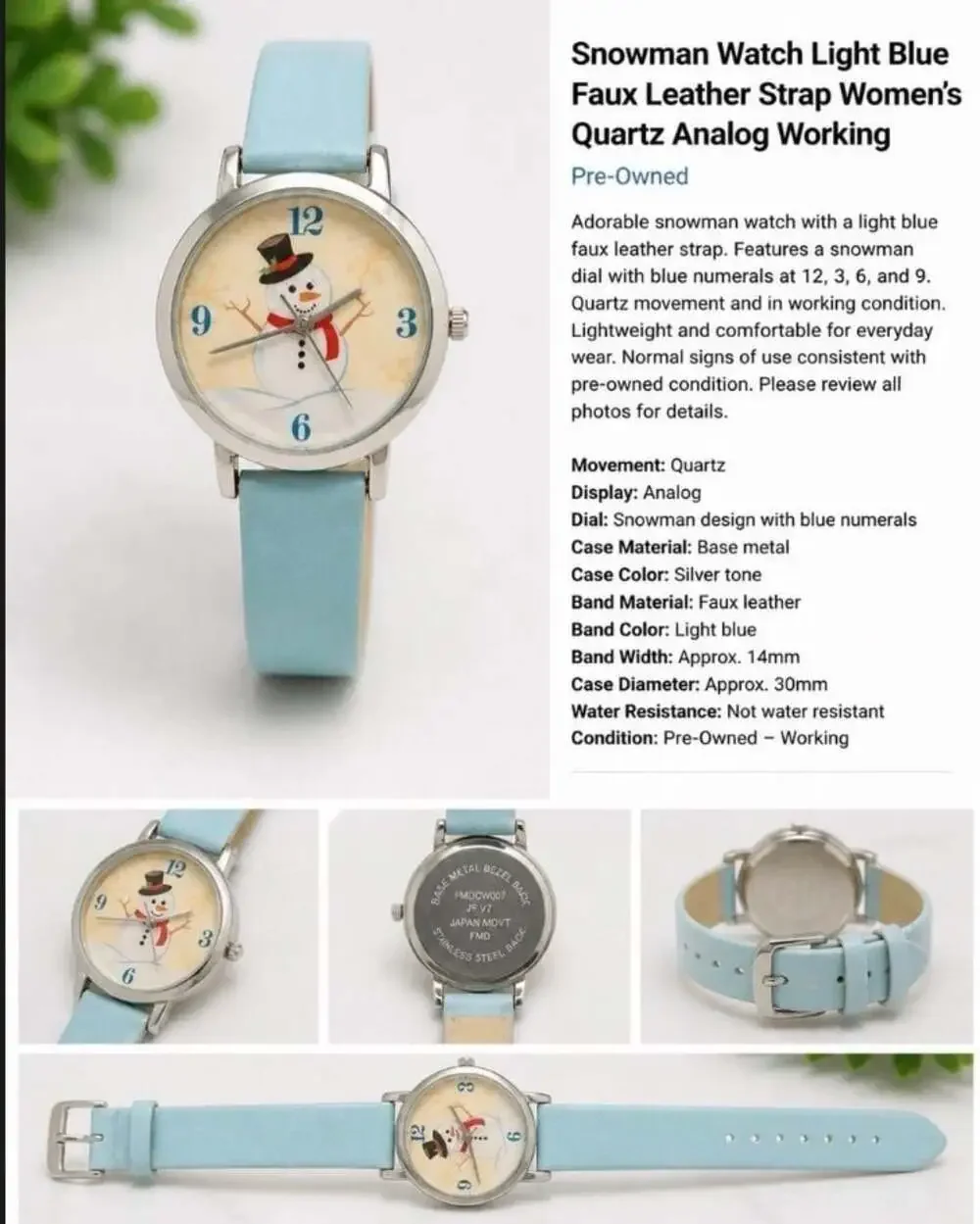 FMD Women’s Snowman Christmas Watch Light Blue Strap Quartz Analog Holiday